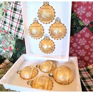 SET/8 Vintage Rauch Glass Ornaments, Gold Glitter, EUC